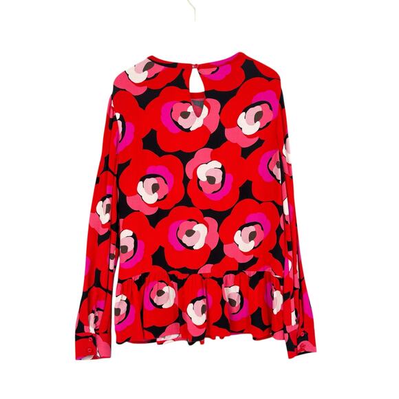 Kate Spade New York Deco Rose Orient Red Crepe Print Long Sleeve Peplum Blouse - Picture 13 of 15